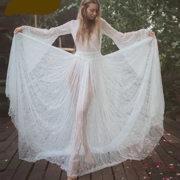 Bohemian Festival White EyeLash Lace Sheer A Line Unlined Maxi Coverup Dress - Picture 4 of 10